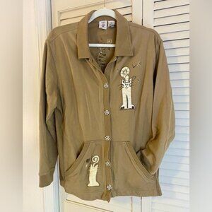 Onque Casuals Tan Button-Up Cotton Jacket With Playful Cat Appliqués Size L